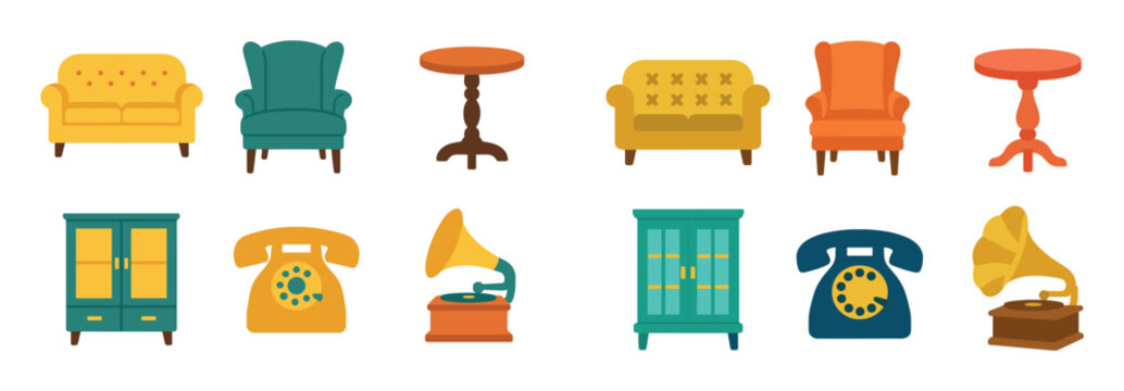 Home icons with sofa telephone and gramophone flat