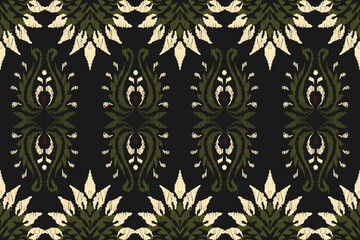 This image features a traditional hand-woven or ikat pattern on a black background. It stands out with its embroidery-like lines in olive green and cream tones, arranged in a symmetrical pattern © Pacharaphun