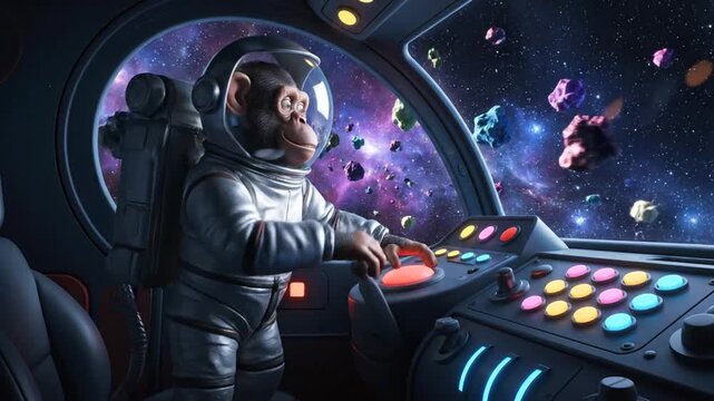 Chimpanzee astronaut piloting spaceship through outer space near planets.