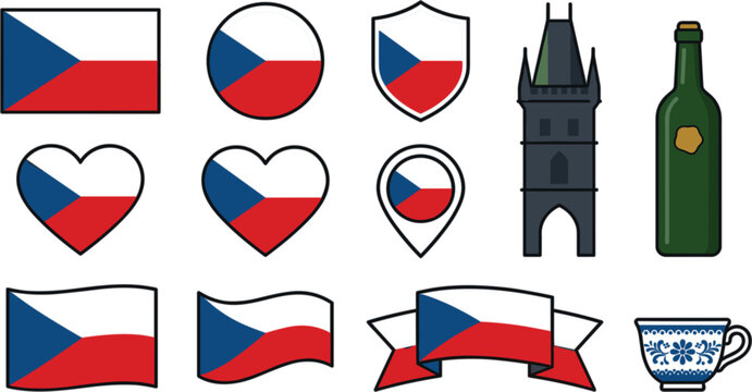 Czech Republic Cultural Symbol Collection with National Flags, Prague Landmark, Traditional Porcelain Cup, Beer Bottle, Map Pin, and Patriotic Elements