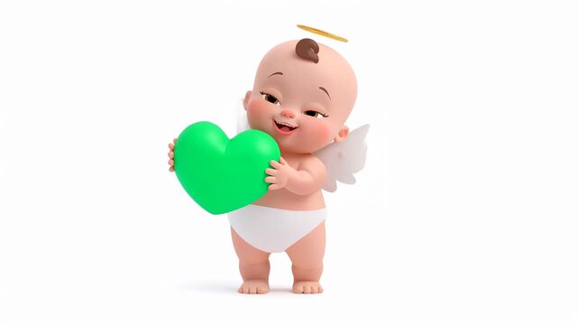 3D render of a funny cartoon baby angel with a heart on a white background, animation