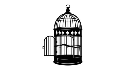 Open Cage: An ornate, antique bird cage stands with its door ajar, symbolizing freedom, escape, or newfound opportunity. © md1