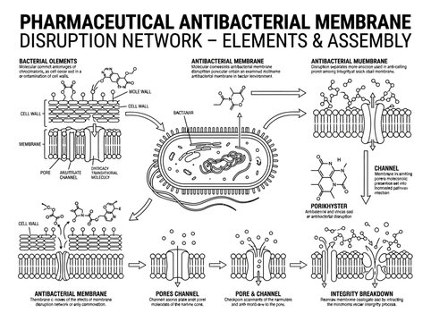 Antibacterial membrane disruption network pharmaceutical infographic.