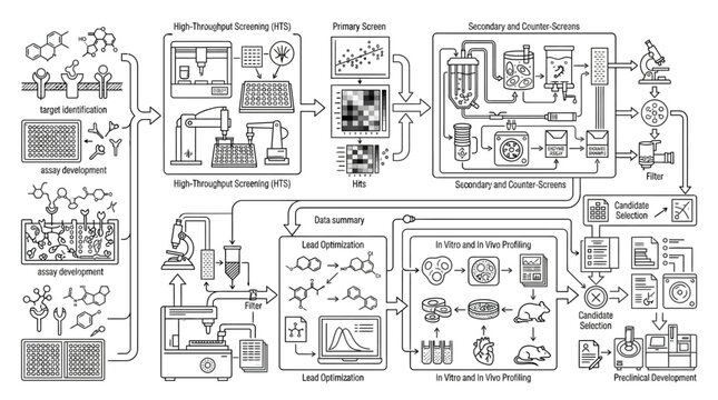 High-throughput screening and drug development pipeline map.