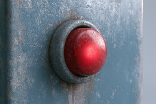 Weathered industrial control panel featuring glowing reset button, cinematic realism