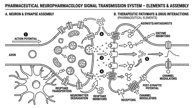 Neuropharmacology synaptic transmission and signal assembly diagram.