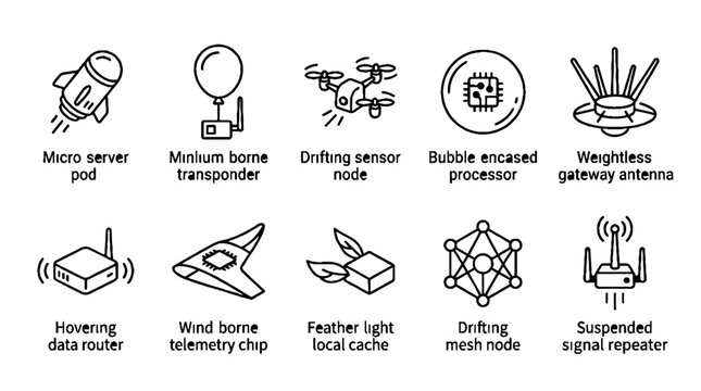 Set of futuristic technology icons representing micro servers drones and wireless communication nodes.