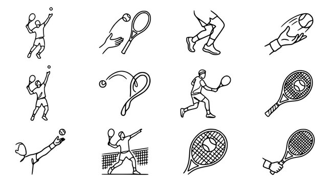 Tennis Player Icons Set: Action Shots, Racquets, Ball, Serve, Forehand, Backhand