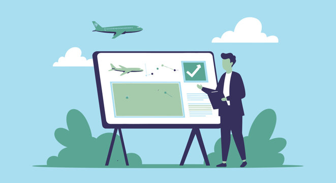 Man presents aviation flight plan strategy on display board outdoors