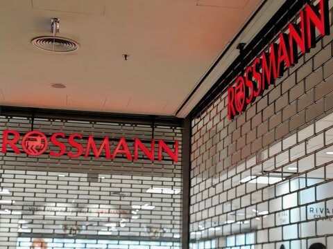 Prague,Czech Republic-April 2 2026: Rossmann drugstore storefront offering cosmetics personal care products and household goods