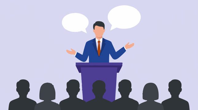 Public speaker addressing an audience from a podium with speech bubbles