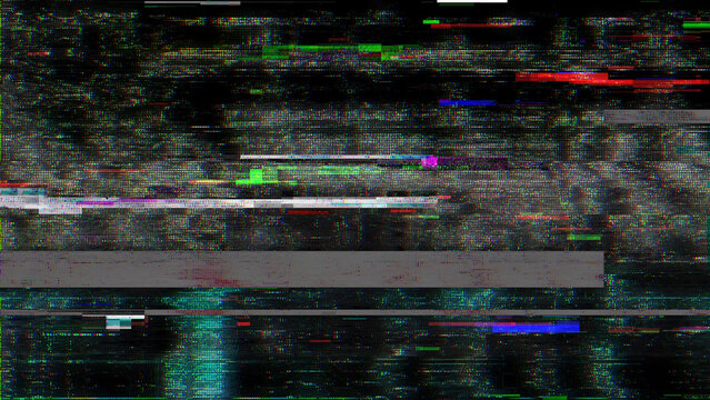 Abstract digital glitch art background with static noise, digital distortion, and pixelated artifacts.