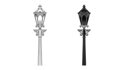 Vintage Lamppost Pair: Two ornate, vintage-style lampposts, one in detailed monochrome and the other in striking black, stand as timeless symbols of classic street illumination. © Mdalamgir