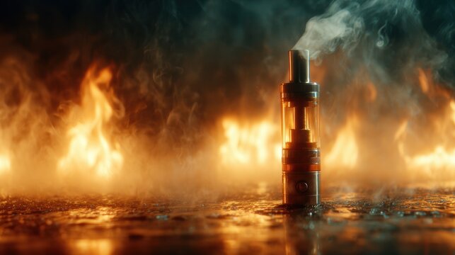 A vape device stands prominently amidst swirling smoke and flames, symbolizing modern lifestyle choices and the controversial aspect of vaping culture.