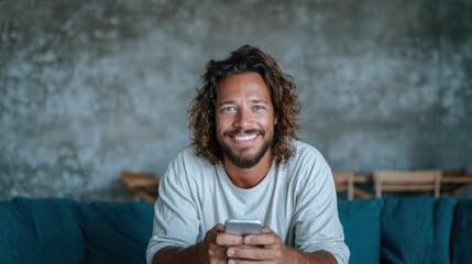 Fototapeta premium A joyful man with curly hair holds a smartphone while sitting in a contemporary room, expressing happiness and embracing modern technology, perfect for lifestyle and product branding.
