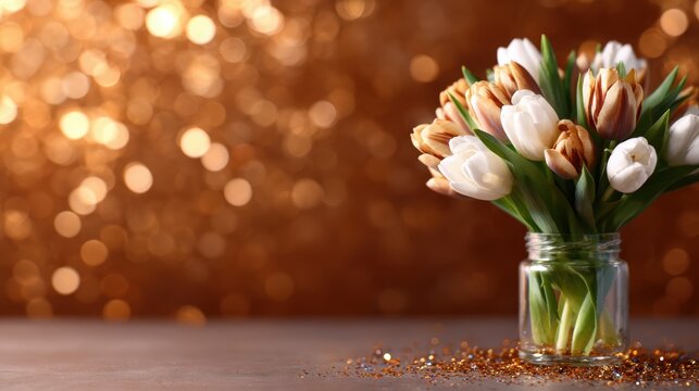 A stunning bouquet of tulips in soft colors arranged in a jar, set against a sparkling bokeh background that accentuates its beauty and captures the essence of spring time.