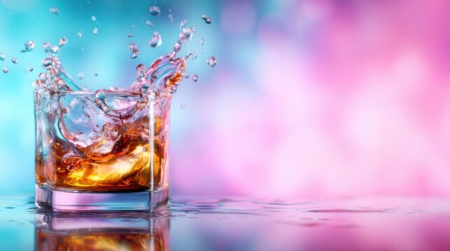 An action shot of a glass filled with liquid creating a splash against a vibrant, colorful background, capturing the excitement and liveliness of refreshment and celebration.