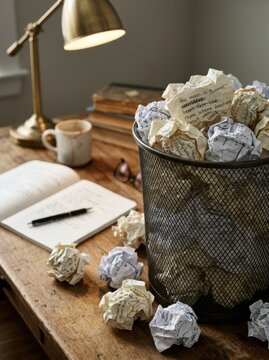 Open notebook with pen and crumpled papers on wooden writer desk