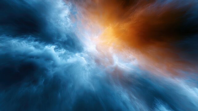 Blue and orange clouds colliding in luminous energy burst, dramatic abstract art