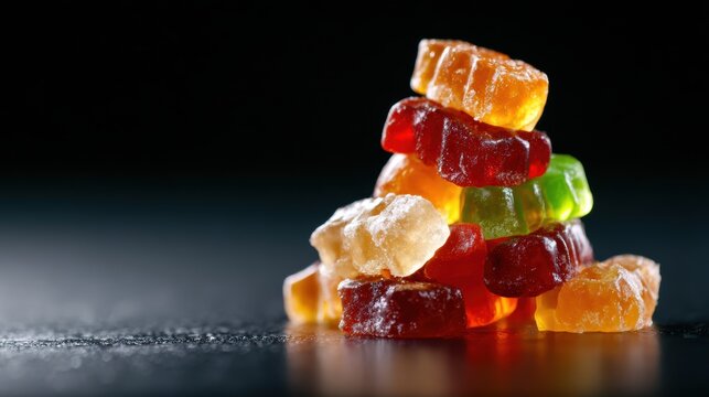 A vibrant stack of multicolored gummy candies showcasing their playful shapes and textures, representing joy and delight, perfect for sweet lovers of all ages.