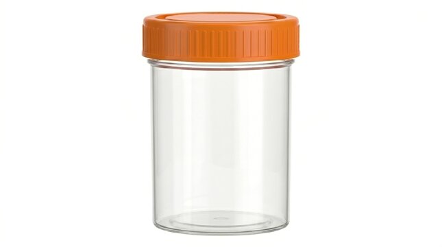 Empty Clear Plastic Medical Specimen Container with Orange Screw Lid Isolated on White Background, Professional Healthcare Laboratory Diagnostic Testing Equipment