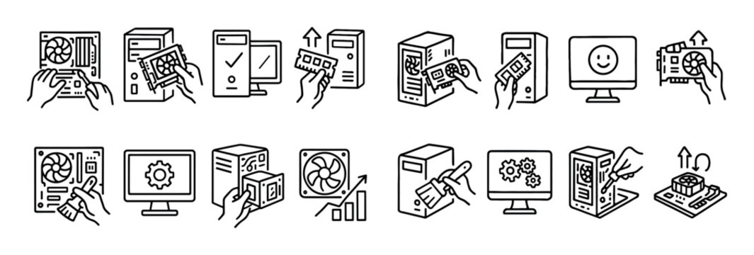 Hardware icons with motherboard fan screwdriver outline