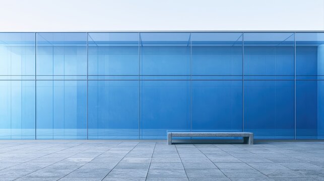 Blue glass facade with open paved plaza and bench, blending transparency and structure in an urban business district, excellent for generic urban context and design flexibility