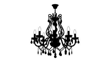 Ornate Chandelier Silhouette: A striking black silhouette of an elaborate chandelier, showcasing intricate details and crystalline embellishments, presented against a clean background. © md1