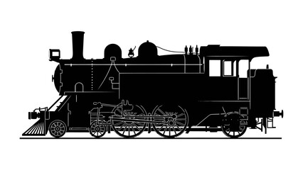 Silhouette of a Steam Locomotive: A classic black silhouette of a vintage steam-powered train engine, highlighting its intricate mechanical details and iconic design. © Mdalamgir