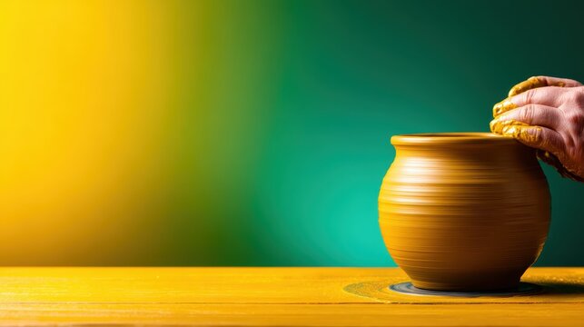 An artisan potter meticulously shaping clay on a wheel, showcasing craftsmanship and creativity in a vibrant studio, embodying the ancient tradition of pottery making.