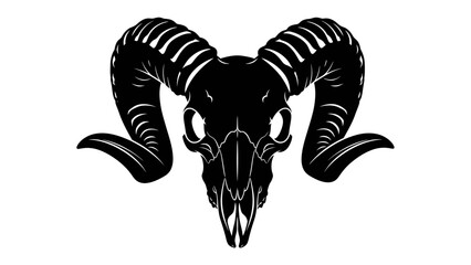 Ram Skull Silhouette: A stark black silhouette of a ram's skull with impressive, curved horns stands as a powerful symbol, evoking primal strength and the wild spirit of nature. © Mdalamgir