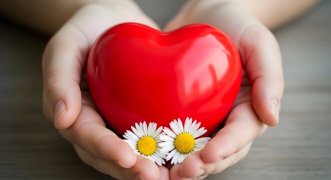 Human hands holding red heart shaped sculpture decorated with two small white daisy flowers together.