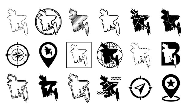 Bangladesh Map Line Icon Set Featuring Country Silhouettes Regional Divisions Compass Navigation Pins Globe Grid and Alphabet Letter B Typographic Logo Concept Vector Illustration