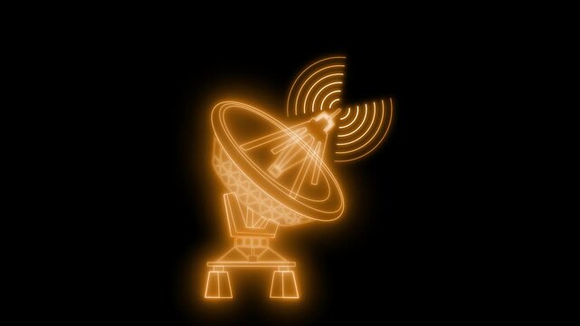 Glowing neon satellite dish with signal waves animation on a black background