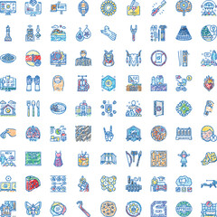 Obraz premium Colorful hand drawn doodle icon set in sketch line art style depicting digital, urban, nature, food, activity and business concepts for web, print and creative projects