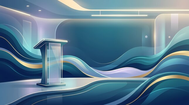 Futuristic Podium Stage Design with Wavy Blue and Gold Abstract Background