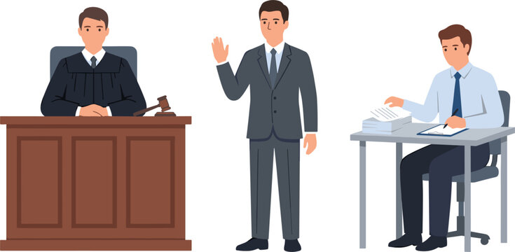 Courtroom Trial Vector Illustration Featuring Judge at Bench with Gavel Witness Taking Oath and Court Reporter Stenographer Writing Notes