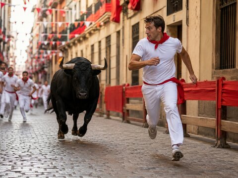 White-clad runner chased by bull on cobblestone street