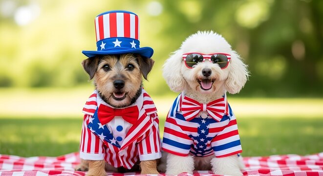 Two dogs dressed in patriotic american outfits on picnic blanket outdoors.