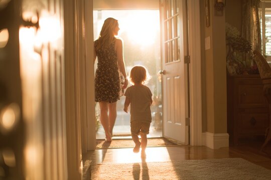 Parent walking in the front door greeted by a child running forward, soft warm evening light filling the entryway.