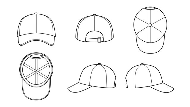 Athletic Baseball Cap Technical Drawing Illustration Blank Sport Mock-up Template for Design and Tech Packs CAD Curved Brim Hat