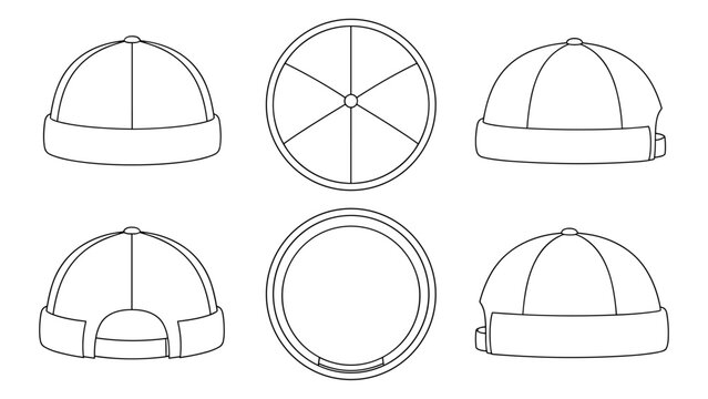 Brimless Docker Hat Technical Drawing Illustration Blank Streetwear Mock-up Template for Design and Tech Packs CAD Miki Cap
