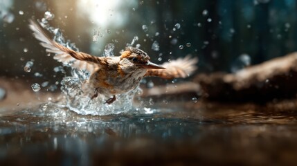 Naklejka premium A magnificent bird captures the moment of flight while splashing out of the water, showcasing the beauty of nature and movement in a dynamic and vivid composition.