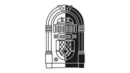 Retro Jukebox Illustration: A stylized black and white illustration of a classic jukebox, split down the middle with one half in solid black and the other in outline.
