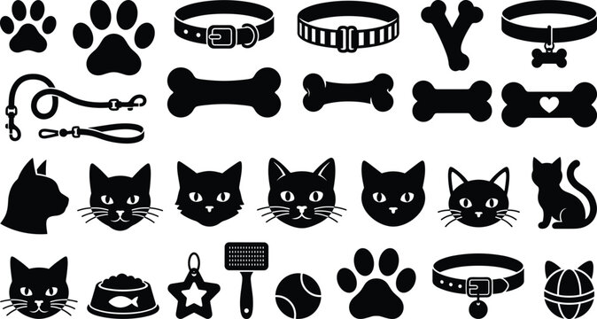 Pet Care and Cat Silhouette Icon Vector Set Featuring Feline Faces Collars Bones Paw Prints Leash and Food Bowl for Veterinary Shop Branding Designs