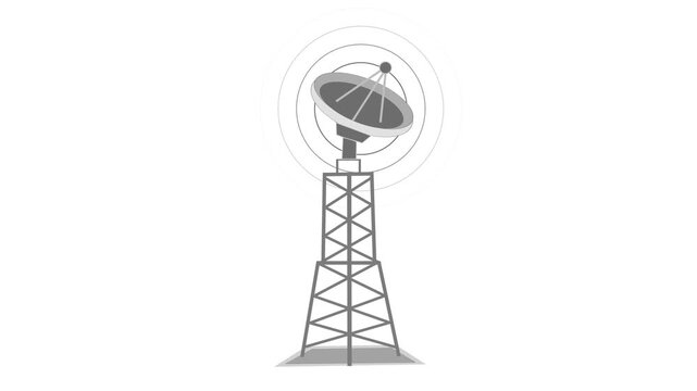 Minimalist animation of a satellite dish on a tower, emitting radio waves