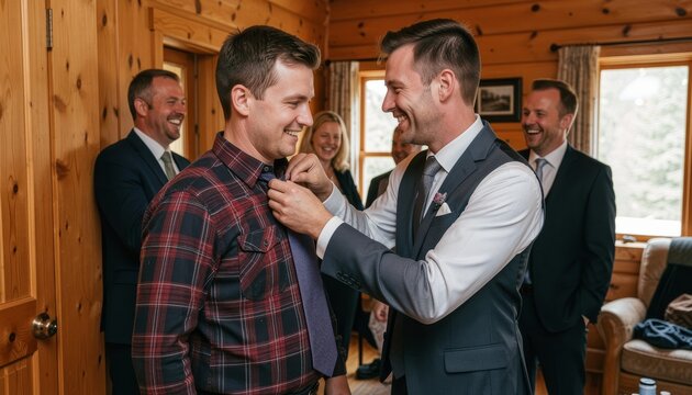 Groom flannel shirt tie being adjusted by friend in warm wooden cabin wedding prep