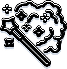 Naklejka premium Magic wand casting spell with glitter and sparkles, symbolizing wizardry, fantasy, and enchantment, for themes of magic and wonder in a black and white icon