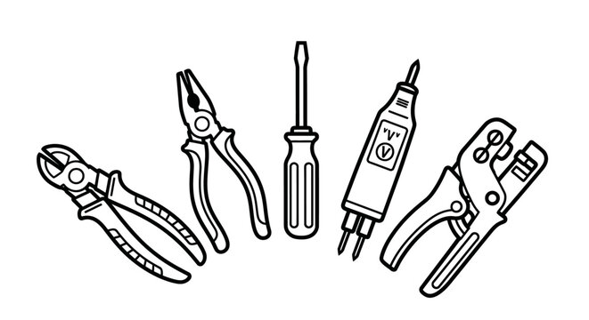 Hand tools for electrical work including pliers screwdriver and tester on white background