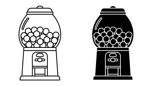 Gumball Machine Icons: A duo of iconic gumball machines, one in outline and the other in silhouette, brimming with colorful gumballs, representing fun and indulgence.